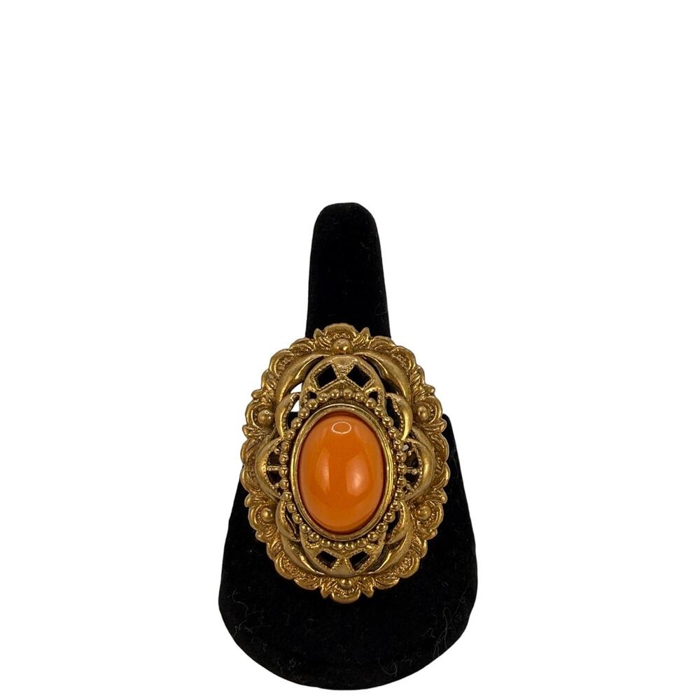Vintage Juicy Couture Filigree Gold Tone Ring with Coral Cabochon Statement Ring - Picture 2 of 10